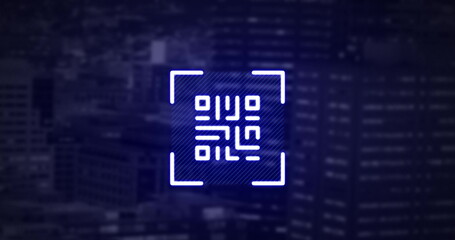 QR code scanner with neon elements against tall buildings