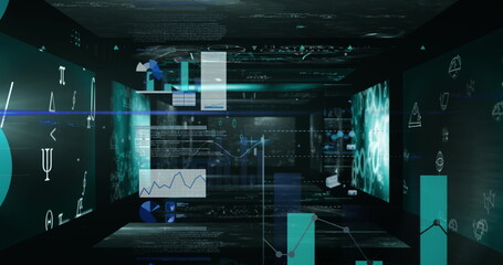 Image of data processing and graphs on scientist screens