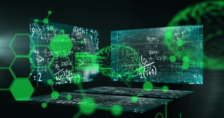 Image of math equations written on screen with green 3D brain and molecule 