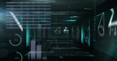 Image of scientists screens and graphs on blue background 