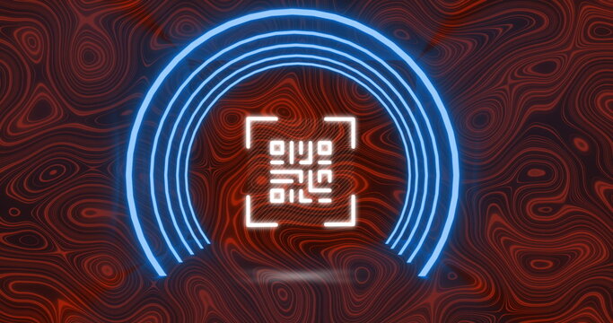 QR code scanner with neon elements against topography