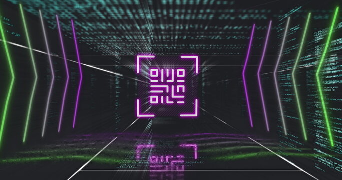 QR code scanner with neon elements against data processing
