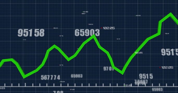 Multiple increasing numbers and statistical data processing against grid lines on blue background