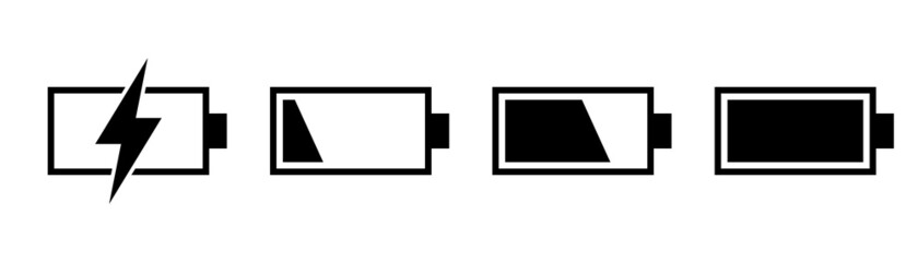 Phone battery icons. Mobile battery in black. Power symbol. Accumulator level. Transparent icons
