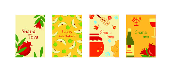 Rosh hashanah Jewish New Year holiday greeting card and banner set. Symbols of the Jewish holiday Rosh Hashanah, New Year. Shana Tova - Happy and sweet New Year in Hebrew. Vector illustration set