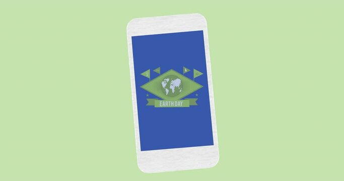 Animation of earth day text and globe logo on smartphone screen, on green