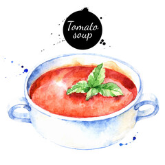 Watercolor illustration of tomato soup. Vector painted isolated natural food on white background