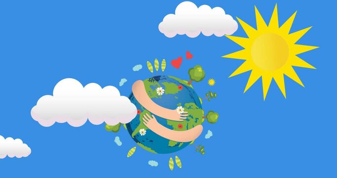 Animation of arms hugging globe with plants, on blue sky with sun and clouds