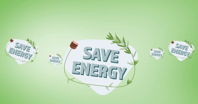 Animation of multiple falling save energy texts and logos on green background