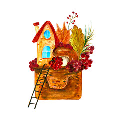 a watercolor house in a basket with autumn leaves and berries and mushrooms