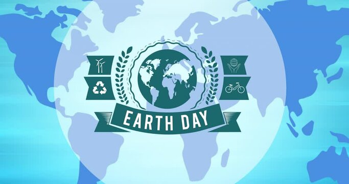 Animation of earth day text and globe logo over blue world map