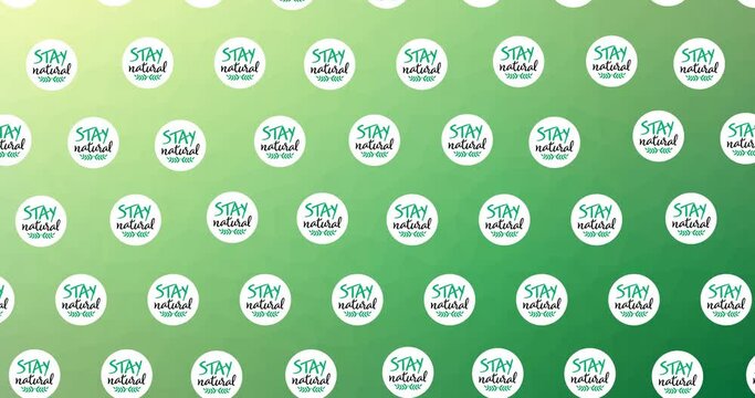 Animation of multiple falling stay natural text and leaves logos on green background