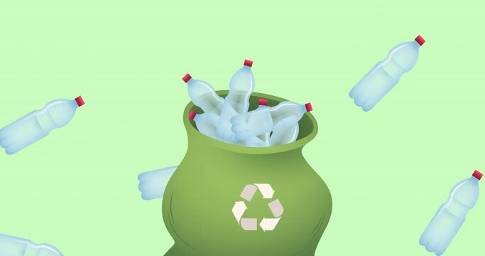 Animation of recycling bag full of plastic bottles over green background