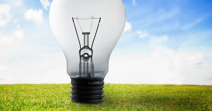 Animation of light bulb over blue sky and grass