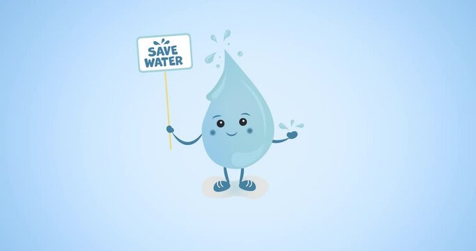 Animation of save water text on placard held by water droplet on blue background