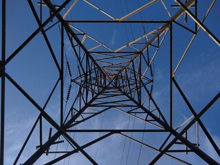 electricity transmission tower and power lines against the blue sky