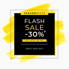 Flash Sale 30% off Sign over yellow brush stroke paint background vector illustration. Creative shop banner design.