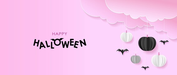Happy Halloween pink banner or party invitation background with clouds, bats and pumpkins in paper cut style. Vector illustration.