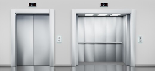 Passenger and cargo elevators with closed and open silver doors in hallway. Realistic empty interior with lifts, metal panel with buttons and display on wall in home, office or warehouse, 3d render