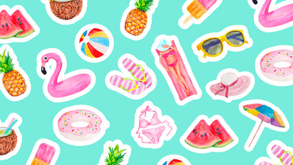 Watercolor pattern with cute summer vacation objects food, drinks, fruits, flamingos and girl . Collection of isolated watercolor elements. Vector