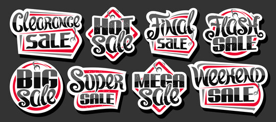 Vector set for Sales, decorative cut paper ad signboards for black friday and cyber monday sale, lot collection of red isolated pricetags with unique handwritten lettering for short sales slogans.