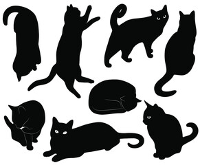 Icon of cats isolated on white background. Set of black vector silhouettes of cats. 