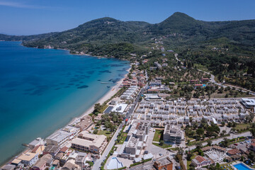 Drone view of Messonghi, small village on the Ionian coast on Corfu Island, Greece