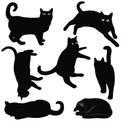 Collection of black vector silhouettes of cats in different poses. Icon of cats isolated on white background.