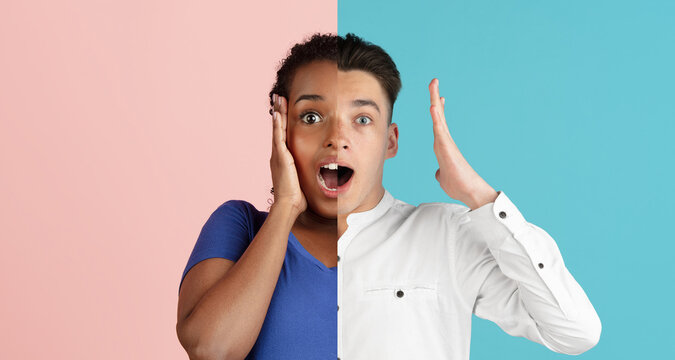 Two halves of young people faces, man and woman over pastel backgrounds. Creative image, collage.