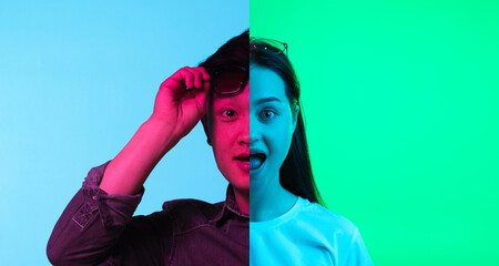 Two halves of young people faces, man and woman over neon backgrounds. Collage.