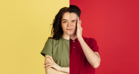 Two halves of young people faces, man and woman over colored backgrounds. Tense, stressful.