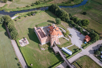 High angle view of medieval castle and Liwiec river in Liw, small village in Wegro County, Masovia...