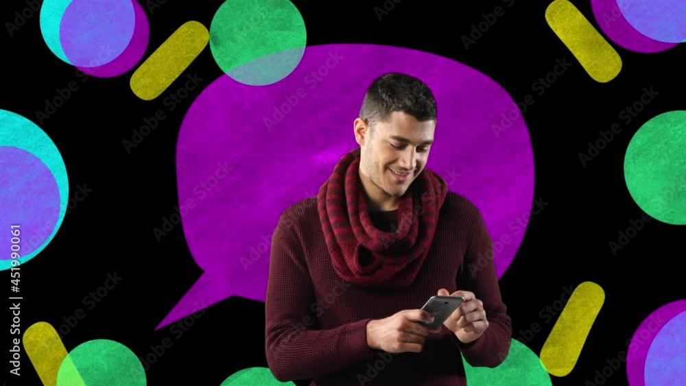 Poster animation of smiling man using smartphone with vibrant speech bubble and colourful shapes