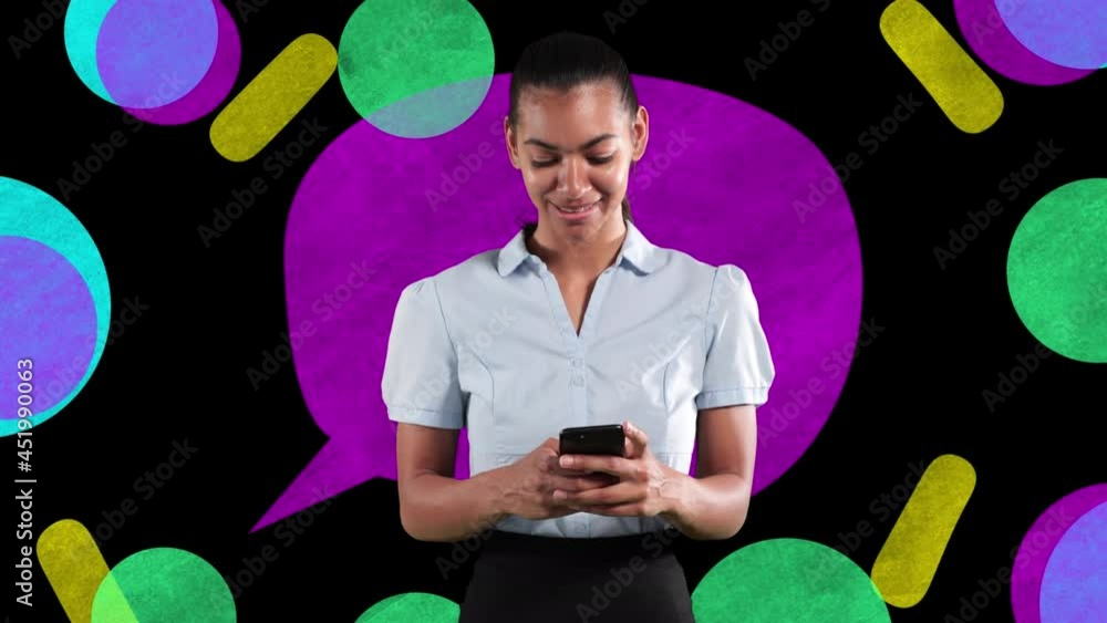 Poster animation of smiling woman using smartphone with vibrant speech bubble and colourful shapes
