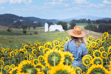 Girl in Rural Sunflower Field