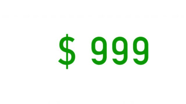 Exponential growth concept. Sliding digits of dollar amount growing faster and faster. Green digits on white background.