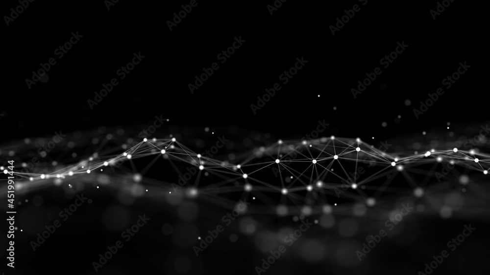 Poster Abstract technology wave of particles. Big data visualization. Background with motion dots and lines. Artificial intelligence.