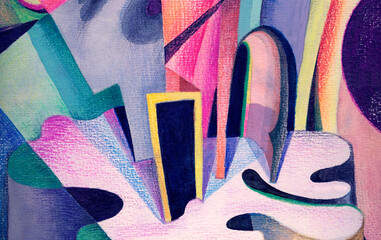 The abstract composition is painted with watercolors and colored pencils, a picture with magic and a black door. Geometric shapes, textured background, surreal interior painting