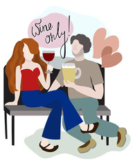 Wine only! Vector isolated illustration with lettering. Couple sitting on the bench. The guy offers beer to the girl, but she refuses, cause she prefers wine.