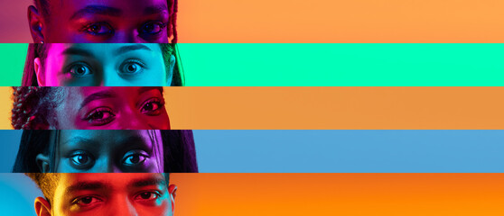 Collage of cropped male and female faces, eyes placed on the right isolated over light colored...