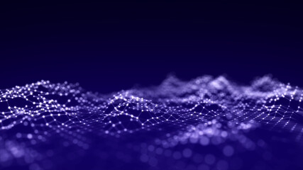 Fototapeta premium Futuristic digital wave. Dark cyberspace. Abstract wave with dots and line. White moving particles on background. 3d rendering.