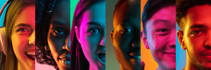 Collage of cropped male and female faces isolated over multicolored neon backgrounds. Flyer