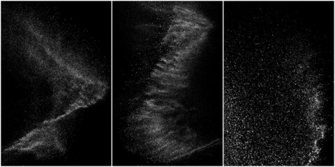 Set of distressed white grainy texture. Dust overlay textured. Grain noise particles. Snow effects pack. Rusted black background. Vector illustration, EPS 10.   