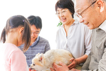 犬の世話をする3世代家族