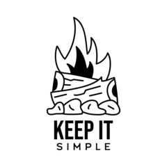 Vintage adventure line art badge design. Outdoor emblem with campfire and text - Keep it simple. Unusual linear hipster style patch. Stock