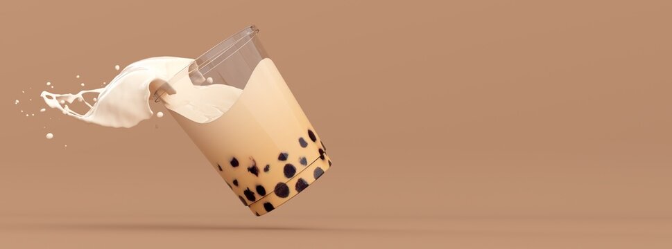 A brown Bubble Tea splashing. 