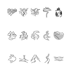 Simple valleys, rivers and mountains icons shapes set. Logo creation kit. Outdoor adventure line art elements bundle. Silhouette linear concept. Stock
