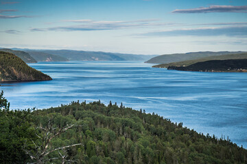 View from Croix du Centenaire, at the top of Eucher hiking trail on the Saguenay Fjord (La Baie, Chicoutimi, Quebec, Canada)