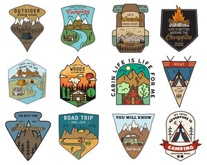 Camping adventure badges logos set, Vintage travel emblems. Hand drawn stickers designs bundle. Hiking expedition, road trip labels. Outdoor camper insignias. Logotypes collection. Stock . - obrazy, fototapety, plakaty