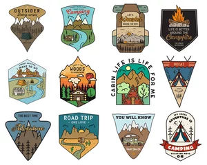Foto auf Acrylglas Camping Camping adventure badges logos set, Vintage travel emblems. Hand drawn stickers designs bundle. Hiking expedition, road trip labels. Outdoor camper insignias. Logotypes collection. Stock .